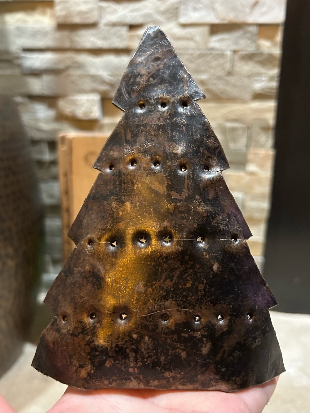 Vintage handcrafted rustic metal Christmas tree taper candle holder